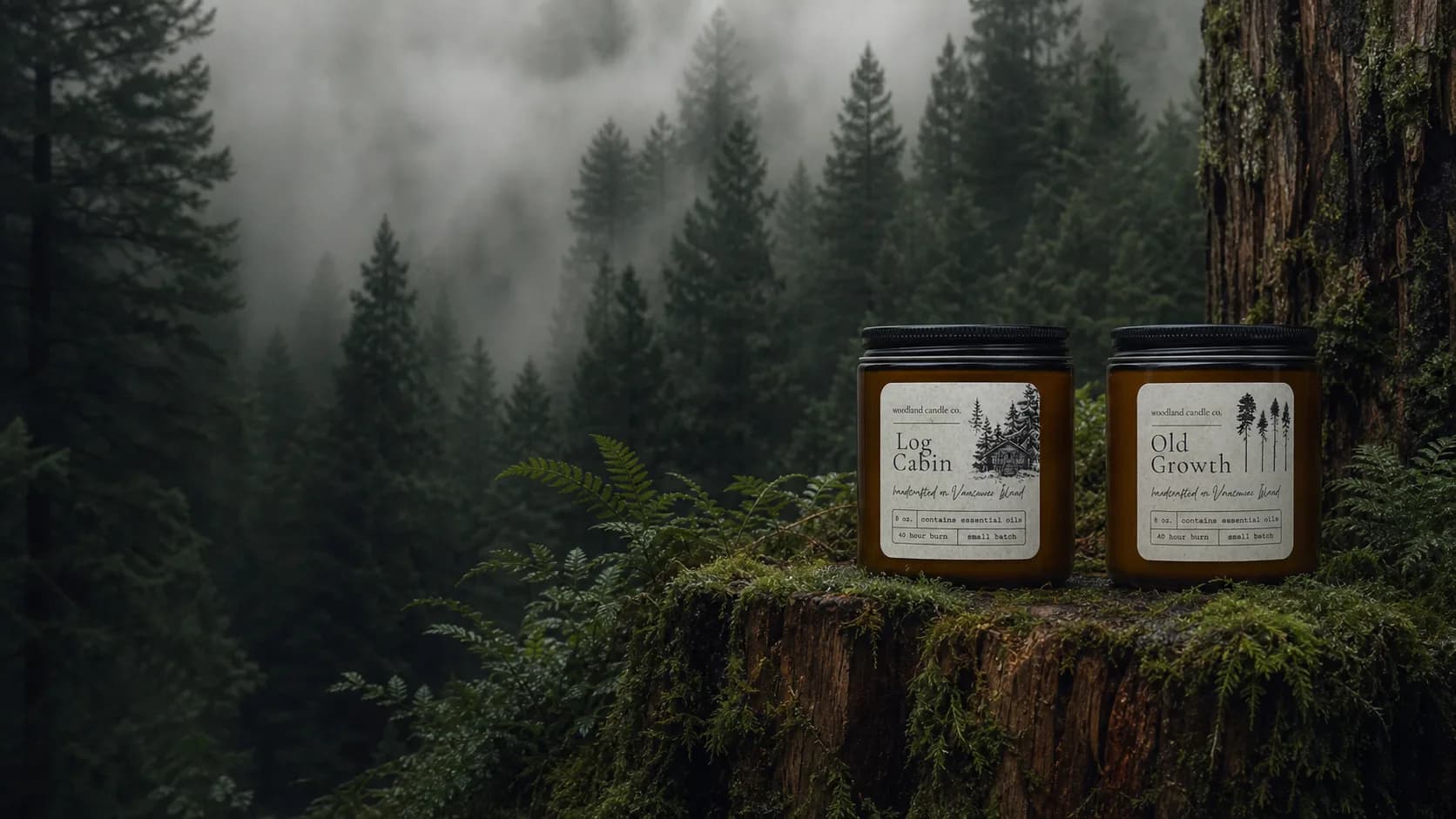 Woodland Candle Co candles in a misty Pacific Northwest forest